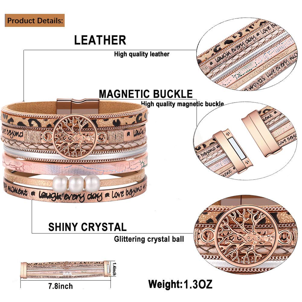 Desimtion Gifts for Teenage Girls, Inspirational Leopard print rose gold leather Wrap Boho Bracelets for Women,Easter Christmas Birthday Jewelry Gifts for Teen Girls