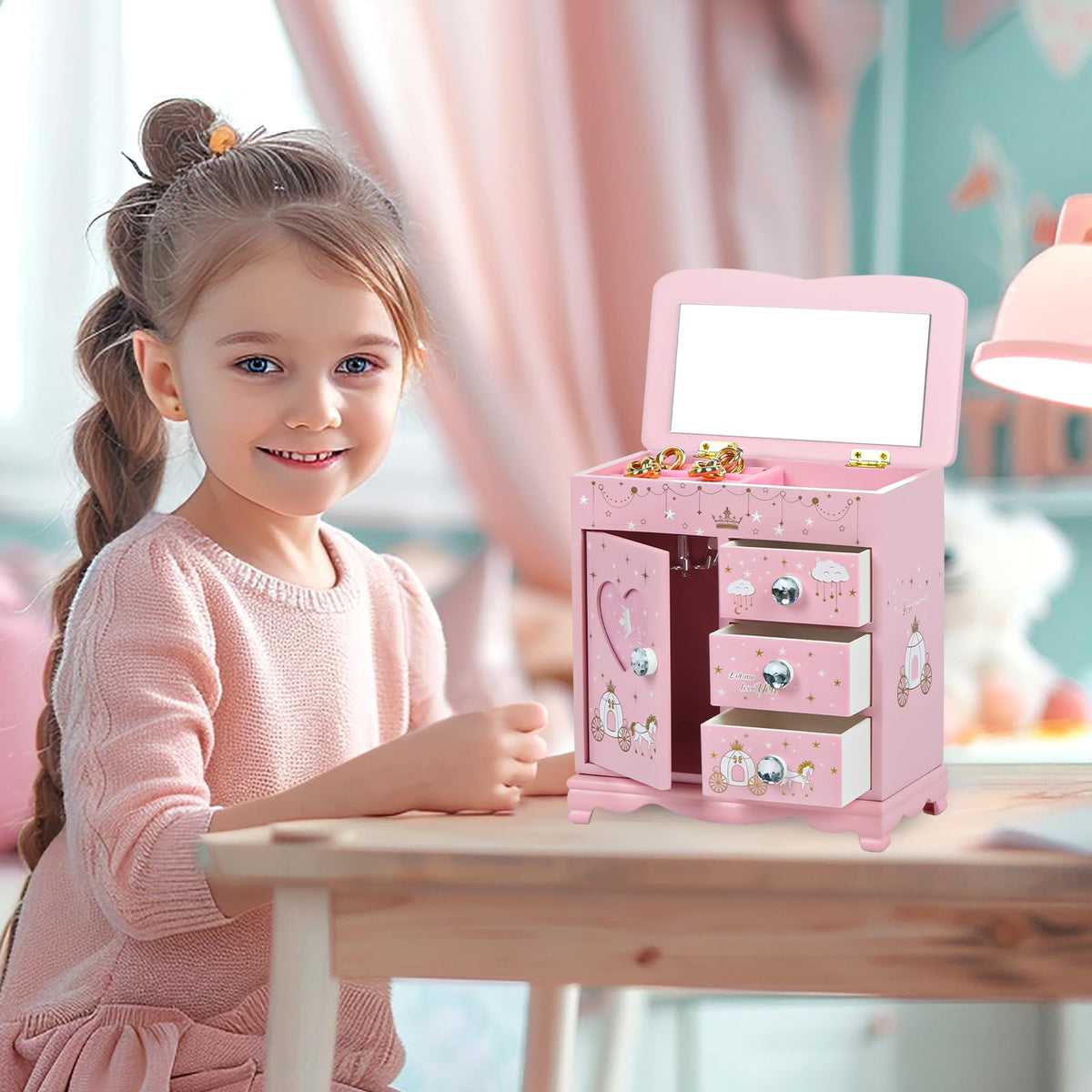 JIUYUAEZ Children Jewelry Box For Girls Pink Princess Castle Girls Little Girl Birthday Christmas girl jewelry box