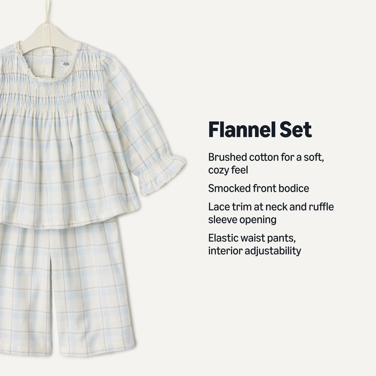 Amazon Essentials x Sofia Grainge Unisex Babies' Long Sleeve Flannel Set with Smocked Bodice, Lace Trim, Ivory Light Blue Simple Plaid, 24 Months