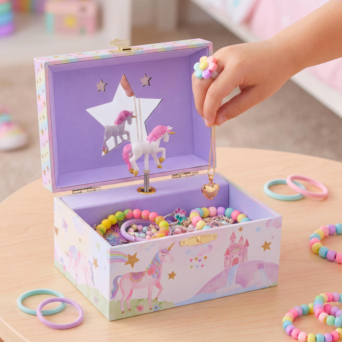Jewelkeeper Musical Jewelry Box for Girls with Spinning Unicorn, Glitter Rainbow and Stars Design Music Box for Necklace, Earrings, and Accessories, Plays The Beautiful Dreamer Tune
