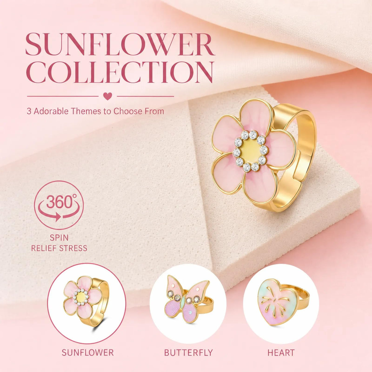 Sunflower Fidget Ring for Kids 18K Gold Plated Gifts Anxiety Adjustable