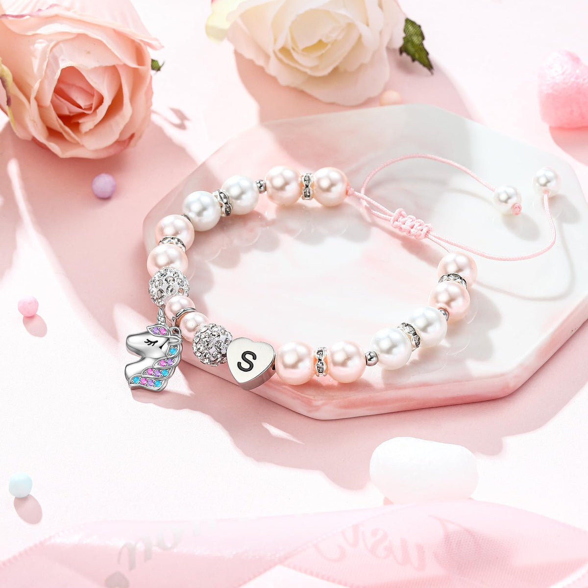 Hidepoo Unicorn Bracelet Birthday Gifts - Heart Initial E Unicorn Jewelry