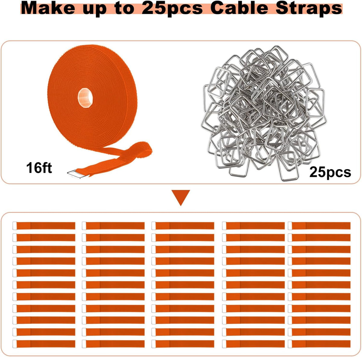 1"x16ft Hook and Loop Straps with 25 Metal Buckles, Adjustable Fastening Cable Straps, Cut-to-Length Cinch Strap, Reusable Nylon Securing Cord Ties for Organizer or Storage, 1 inch Wide,Orange