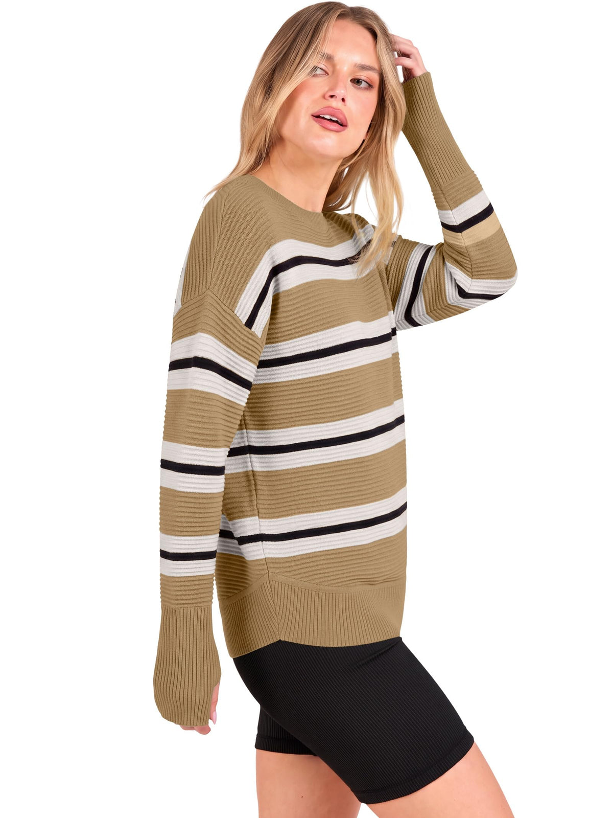 ANRABESS Women Long Sleeve Ribbed Sweaters & Thumb Hole Navy Blue L