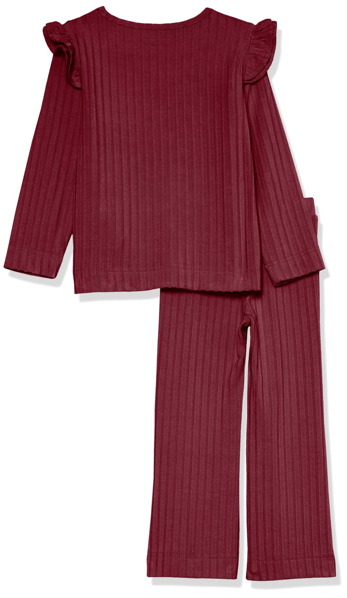 Amazon Essentials Girls' Wide-Rib Ruffle Top and Flare Pants Outfit Set, Pack of 2, Dark Red, Small