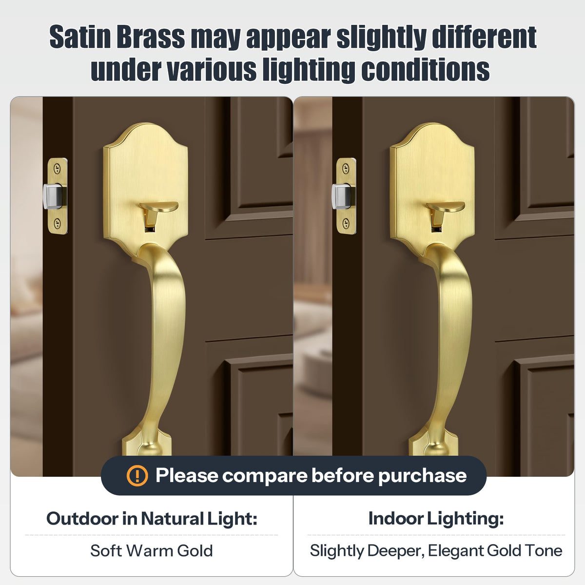 Gaurqiah Gold Front Door Handle Set with Passage Lever, Deadbolt Not Included,Exterior Door Handleset for Single Cylinder or Smart Deadbolts, Satin Brass