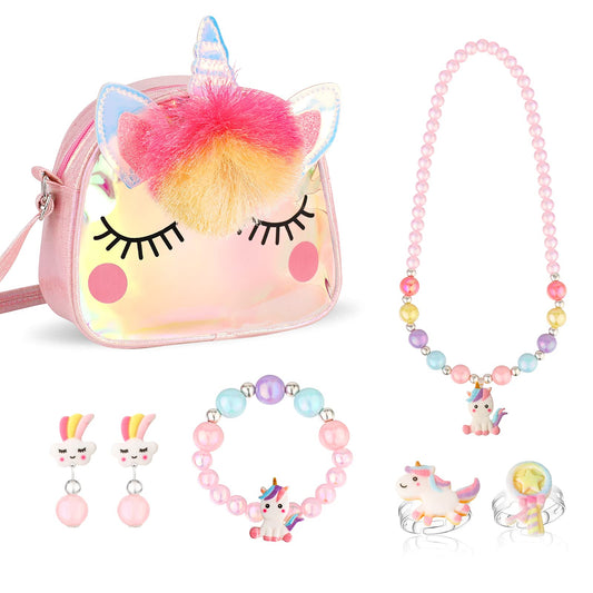 Hifot Unicorn Purse with Jewelry Set Little Girls, Unicorn Necklace Rings Bracelet Earrings Handbag Accessories, Princess Dress Up Jewelry Set Party Favors Gift