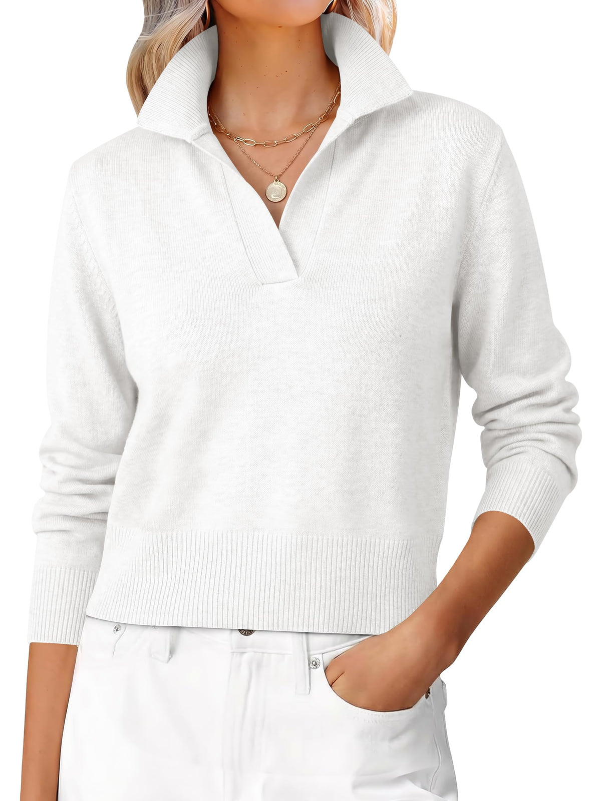 ANRABESS Sweaters for Women Cropped Polo Collared Long Sleeve,White,XS