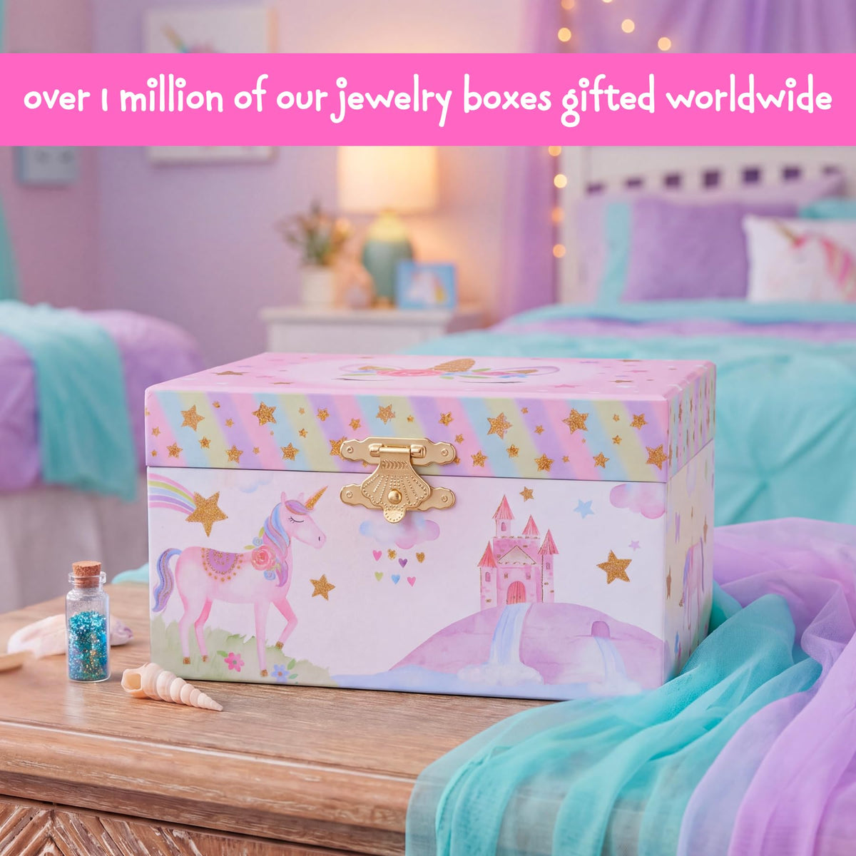 Jewelkeeper Musical Jewelry Box for Girls with Spinning Unicorn, Glitter Rainbow and Stars Design Music Box for Necklace, Earrings, and Accessories, Plays The Beautiful Dreamer Tune