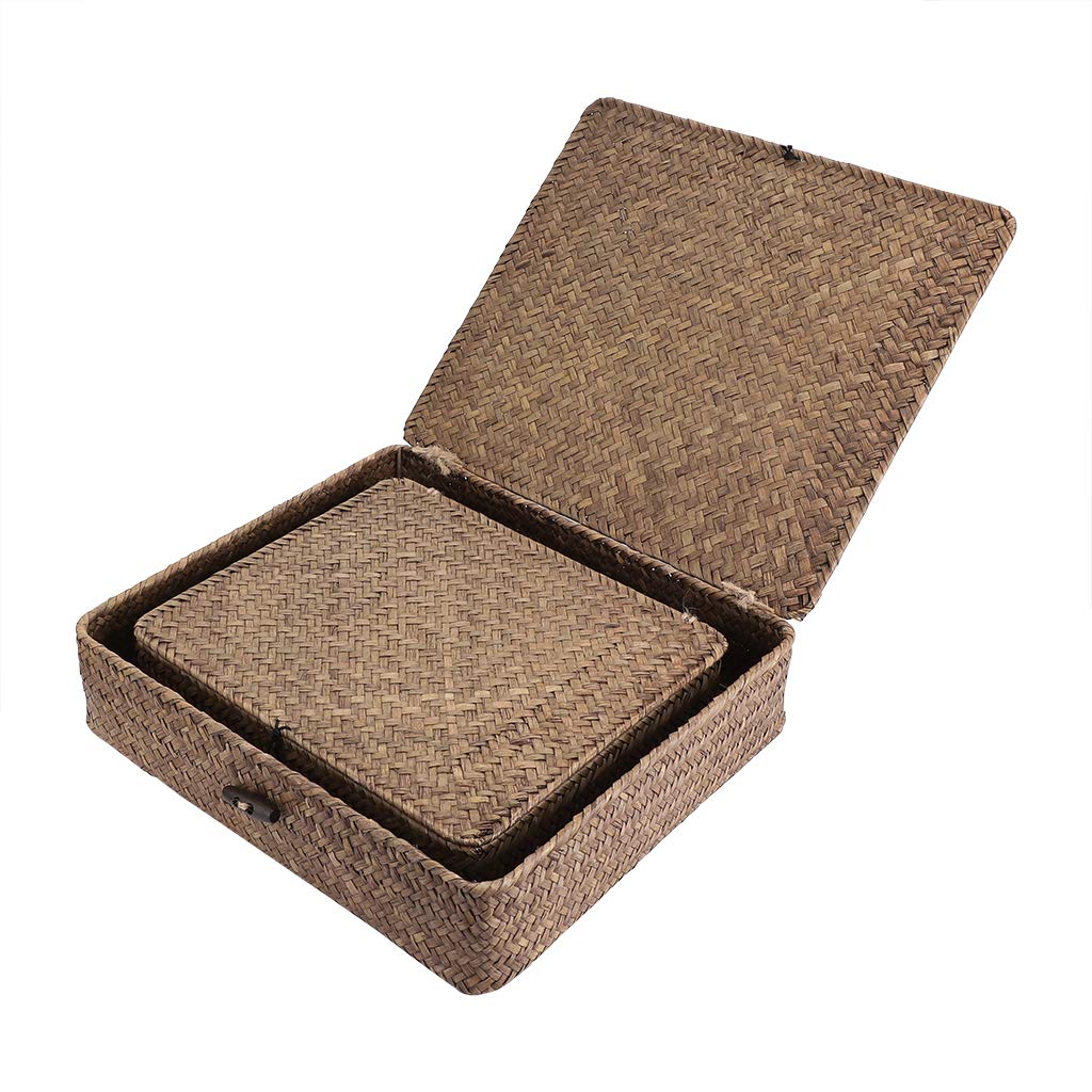 Hipiwe Set of 2 Flat Wicker Storage Basket Bins with Lid Woven Seagrass Box