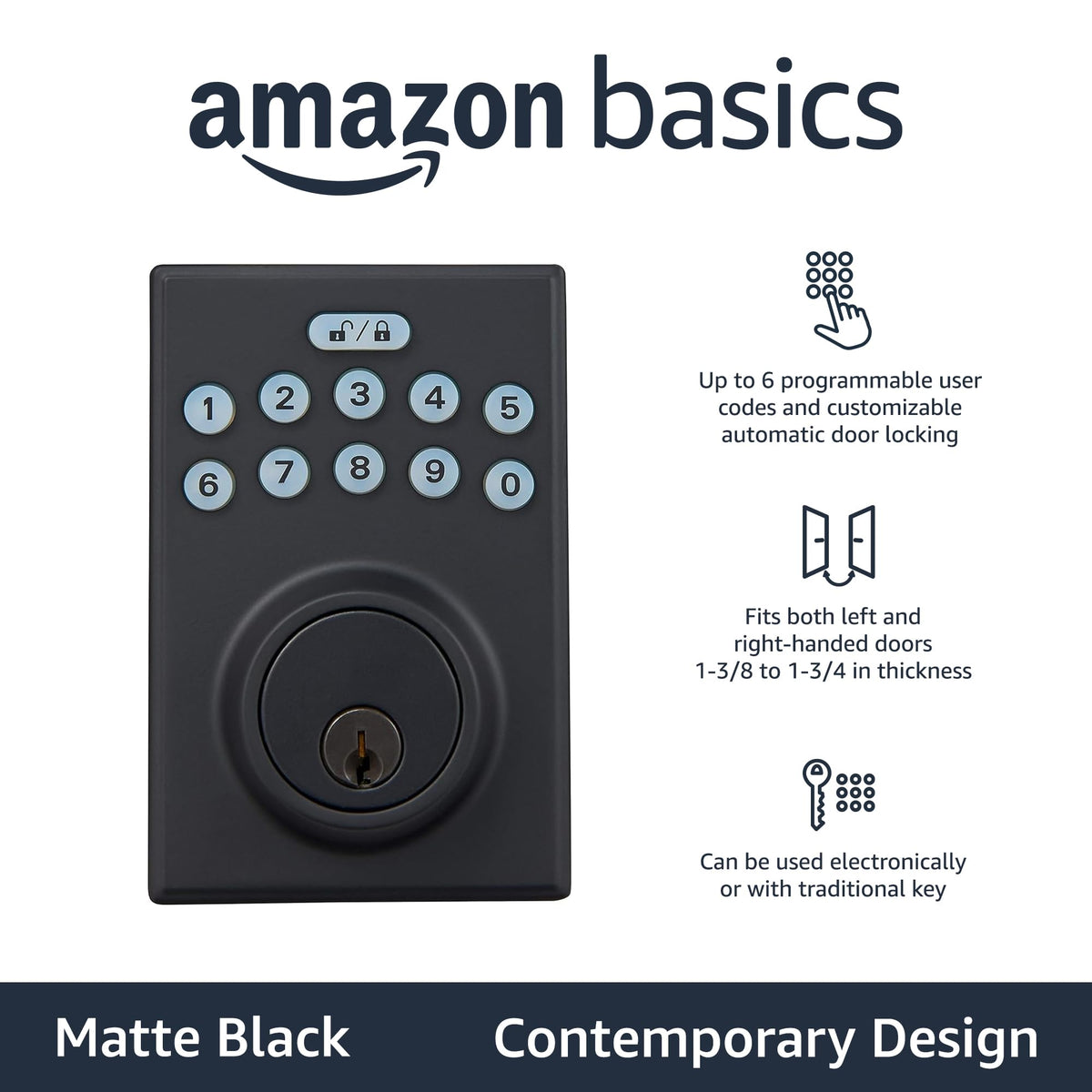 Amazon Basics Electronic Keypad Deadbolt Door Lock with Auto Lock, Touch-Control Keyless Entry, Customizable User Codes, Easy Installation, Contemporary, Matte Black, 1-Pack