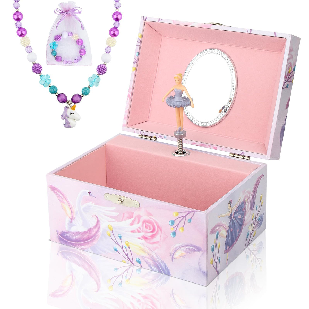 Homtibrm Musical Jewelry Box for Girls with Unicorn Jewelry Set, Kids Jewelry Box Music Box with Spinning Ballerina Birthday Gifts for Girls, Ballerina Swan Lake Tune