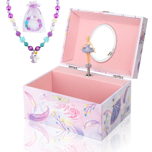 Homtibrm Musical Jewelry Box for Girls with Unicorn Jewelry Set, Kids Jewelry Box Music Box with Spinning Ballerina Birthday Gifts for Girls, Ballerina Swan Lake Tune