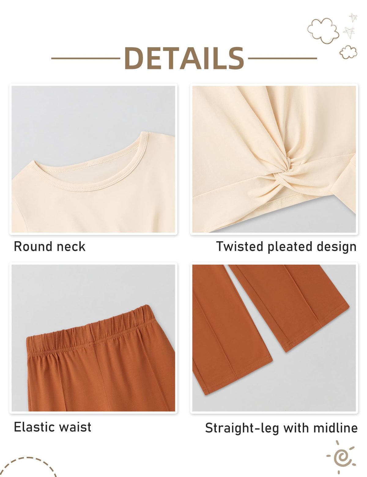 Gaupafmb Girls Clothes Fall Winter Twist Crop Tops and Straight Pants 2PCS Outfits Clothes for Girls 7-8 Beige+Brown