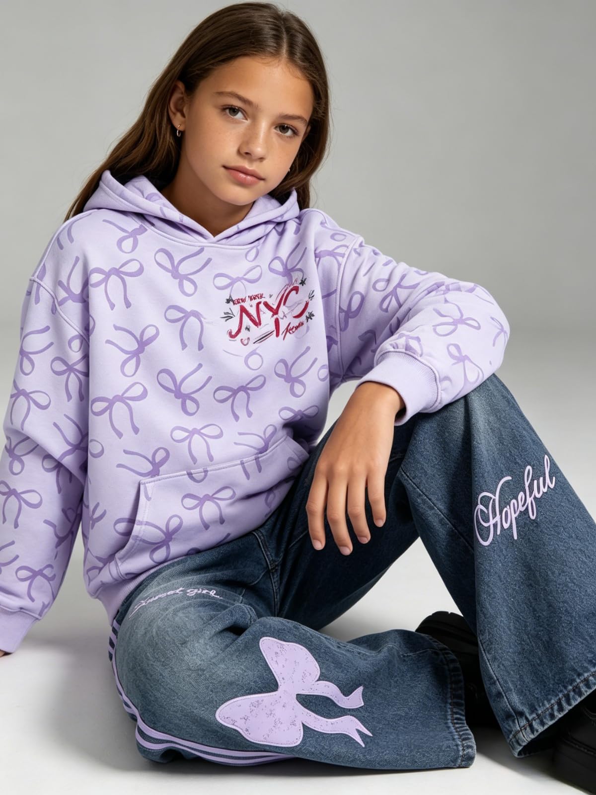 Voxikidio Size 9 10 Year Old Girls Clothes Hooded Bow Long Sleeve Sweatshirt Tops and Jeans Pants 2 Piece Set Fall Outfits for Kids (Purple Size 9-10)