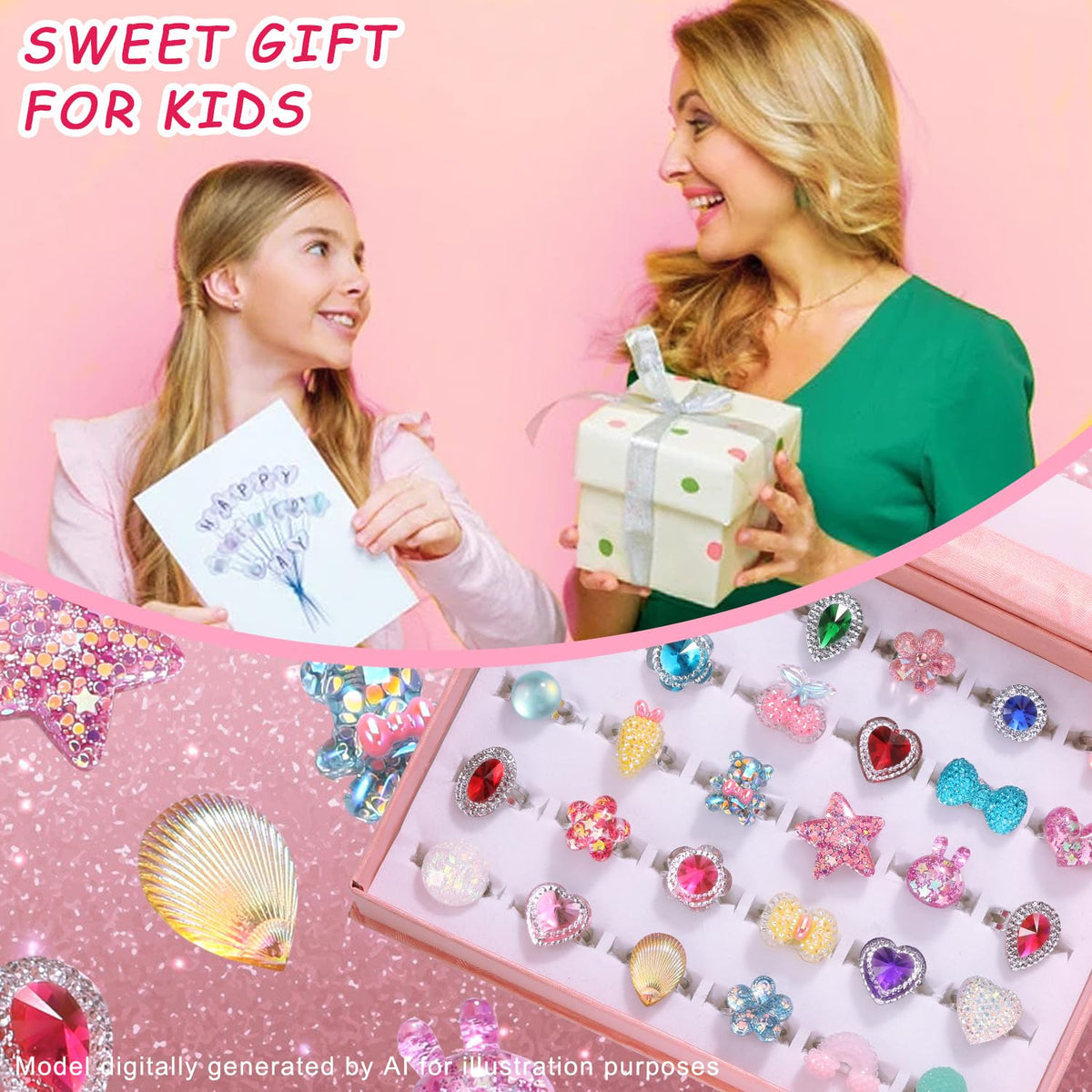 PinkSheep Little Girl Jewel Rings,Adjustable Toddler Rings for Kids Age 3-8
