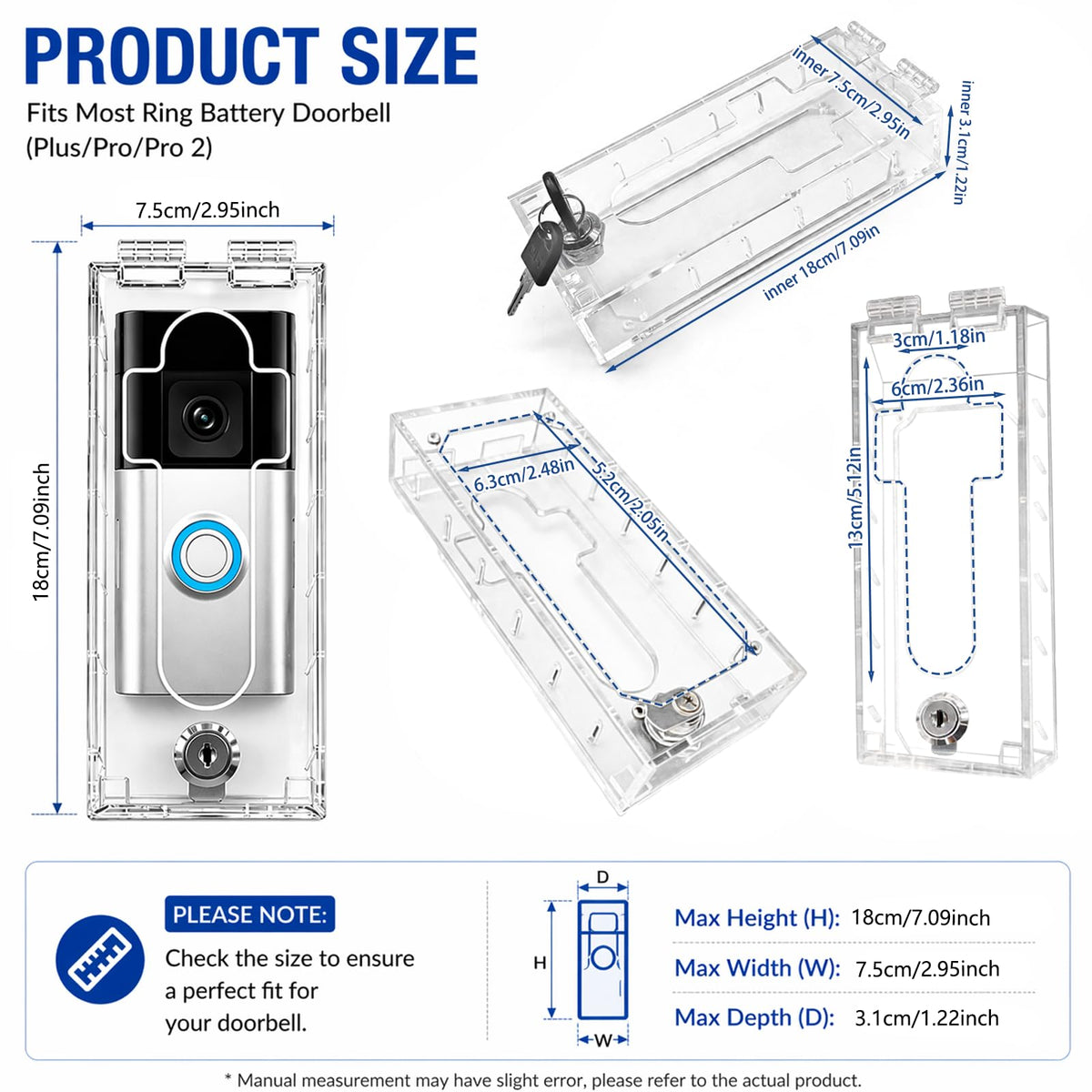 Outdoor Anti-Theft Doorbell Lock Box for Ring, Clear Acrylic Slip-On Cover