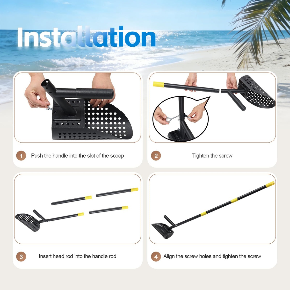 Sand Scoop for Metal Detecting, Long Handle with Shovel Metal Detector for Beach, Stainless Steel Sand Sifter Shovel for Underwater Hunting, Black