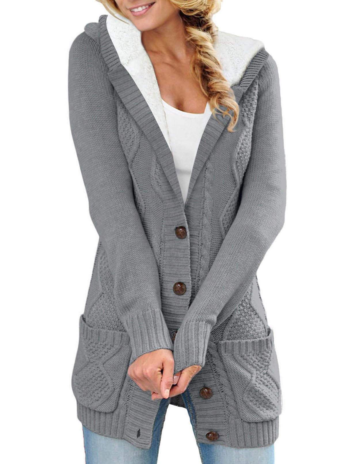 Sidefeel Women's Cable Knit Fleece Lined Hood Cardigan Sweaters S Gray