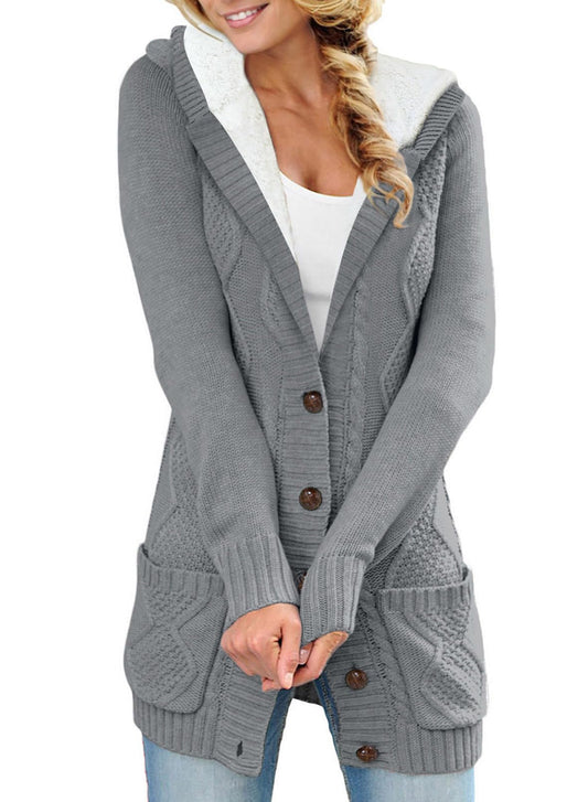 Sidefeel Women's Cable Knit Fleece Lined Hood Cardigan Sweaters S Gray