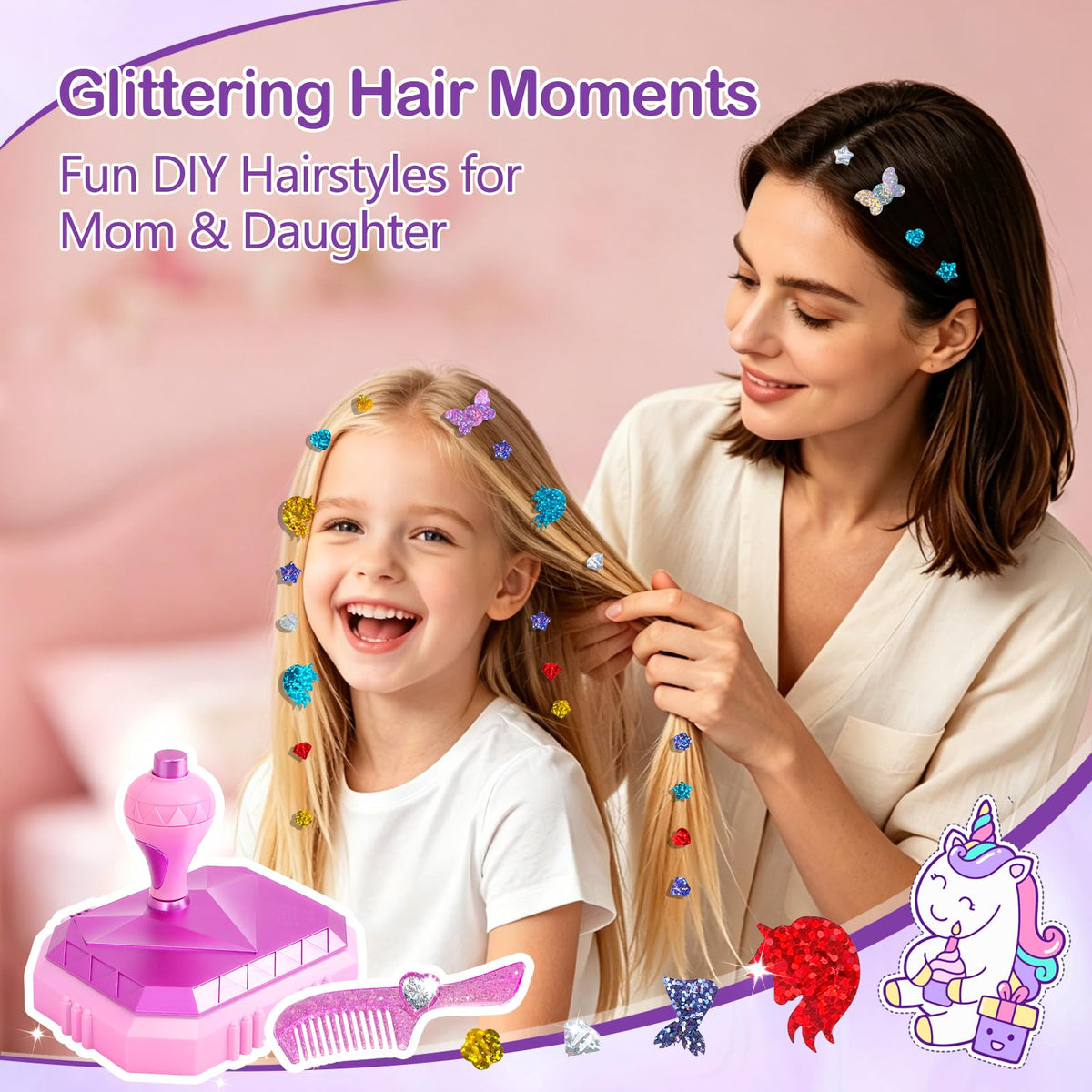 GlamLoops Hair Gem Stamper Kit ��� Hair Jewelry & Bling Craft Toys for Girls ��� Sparkling Hair Accessories with Glitter Sequins ��� DIY Hair Arts Crafts ��� Birthday Gifts for 5 6
