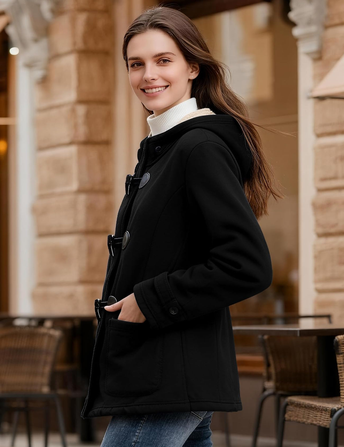 Flygo Sherpa Lined Winter Jackets for Women Fleece Hoodie Jacket Warm Fall Winter Toggle Duffle Coats(Black-S)