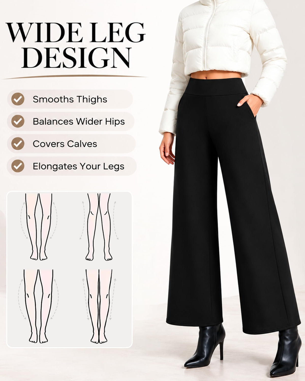 DHSO Fleece Lined Wide Leg Pants for Women with Pockets High Waisted