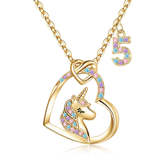 Hidepoo Unicorn Necklace, 14K Gold Plated Heart Pendant with Colorful CZ Crystals, Birthday Gifts for 5 Year Old Girls