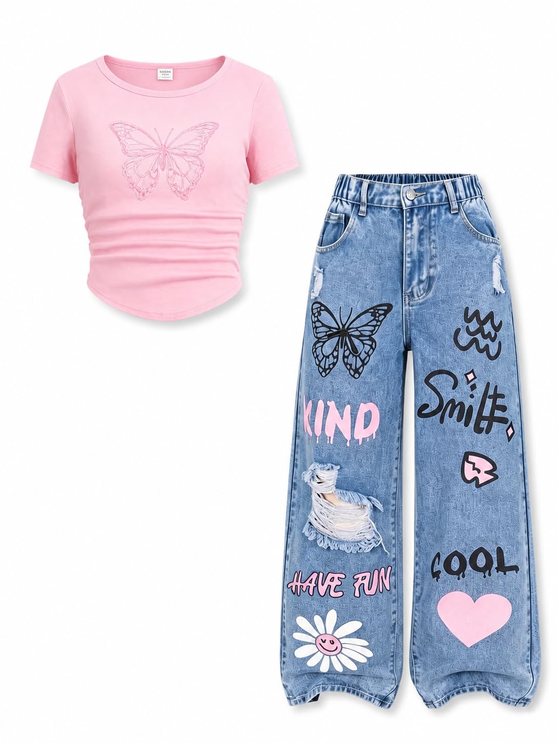LKALPSQ Girls Outfits Teen Girls Clothes Butterfly Graphic Crop Short Sleeve T Shirts & Ripped Print Wide Leg Jeans 2PCS Girls Clothing Set 9-10 Years