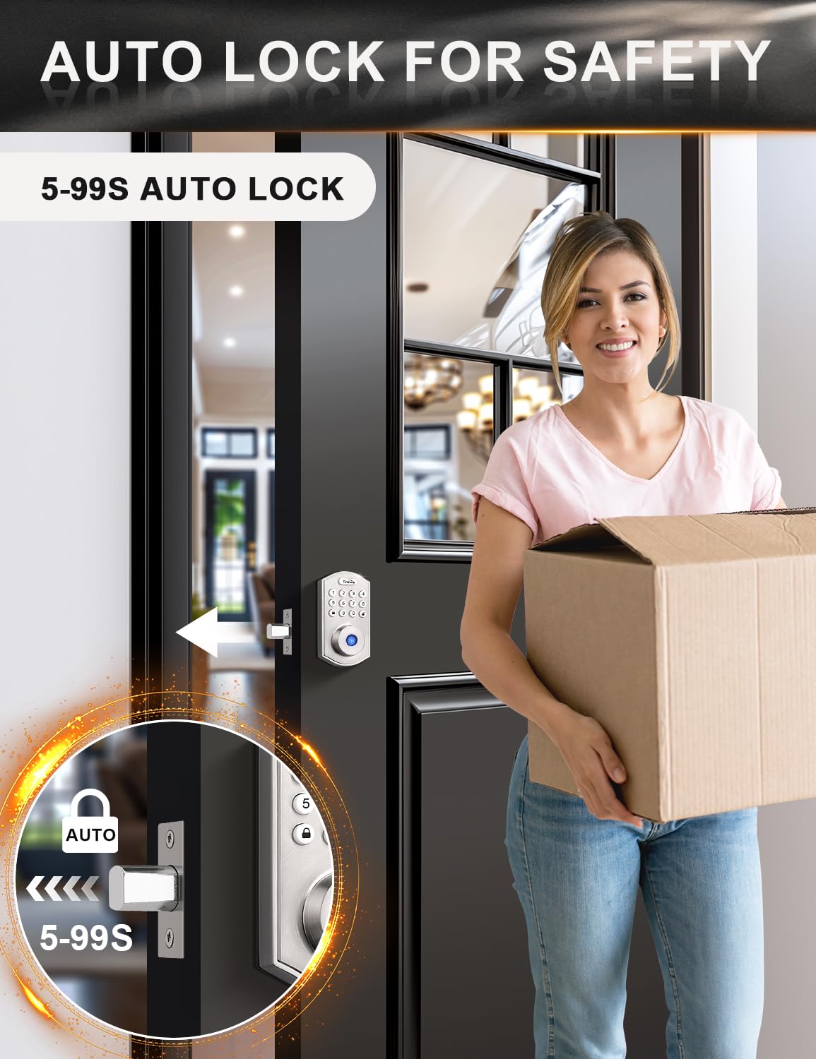 Tinewa Smart Locks for Front Door - Satin Nickel Keyless Entry Door Lock with Wave Lever Handle, Electronic Digital Keypad Deadbolt with Fingerprint, APP Control, Easy Installation, Home Security