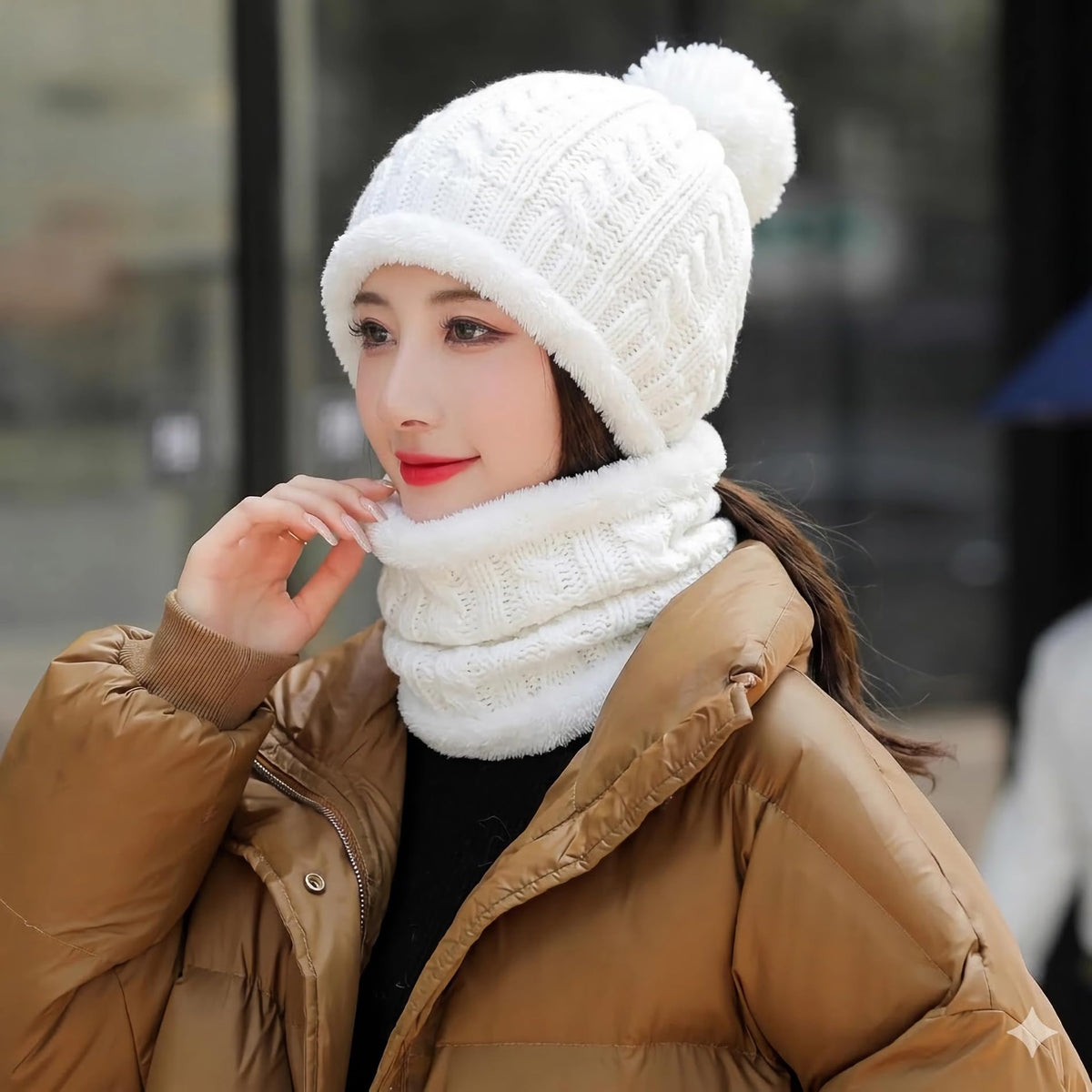 KAICAILA Women Winter One Piece Hooded Balaclava Knit Beanie Hats Pom Pom