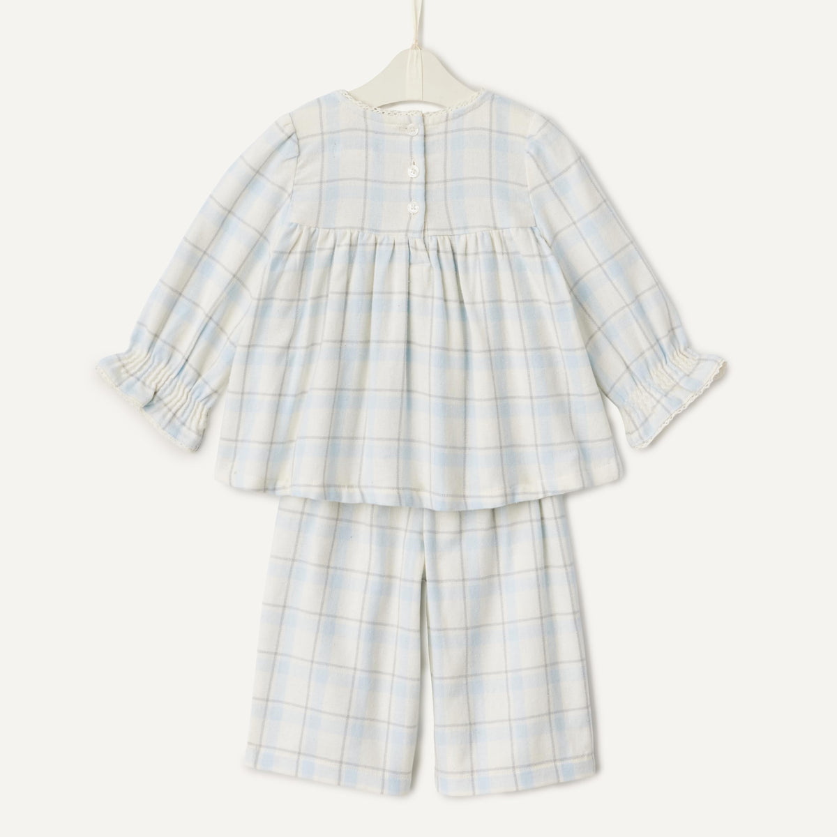 Amazon Essentials x Sofia Grainge Unisex Babies' Long Sleeve Flannel Set with Smocked Bodice, Lace Trim, Ivory Light Blue Simple Plaid, 24 Months