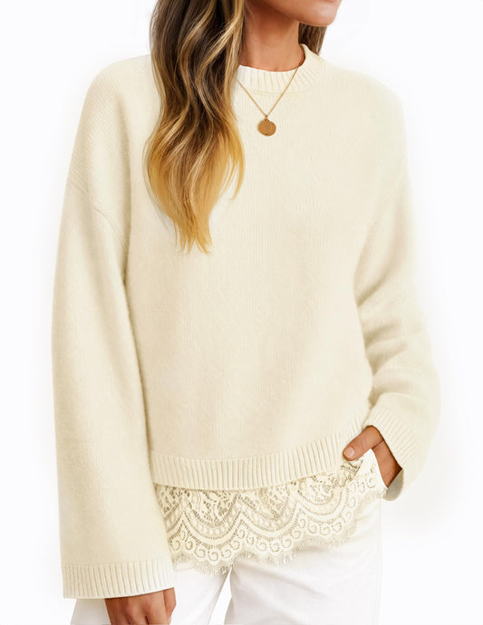 ZESICA Women's Fall Winter Sweaters 2026 Lace Trim Pullover Tops Apricot