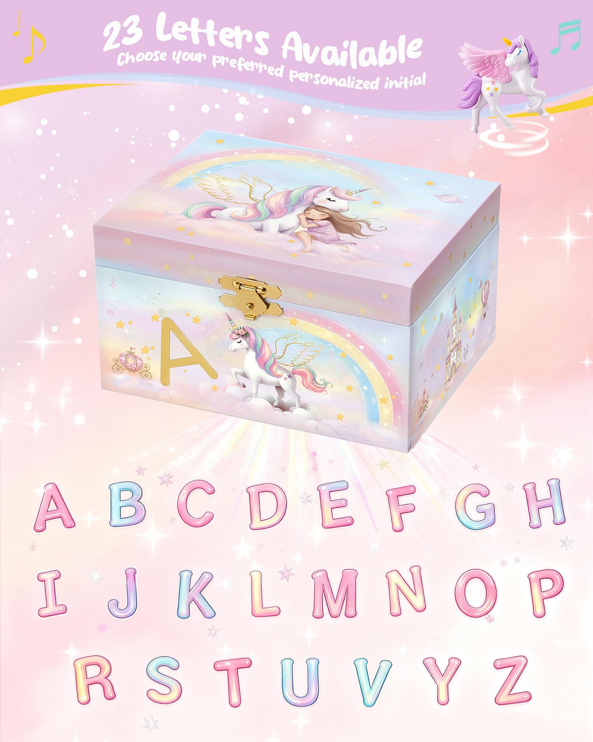 Lolalet Unicorn Musical Jewelry Box Gift for Girls Kids(Box Only) -Letter A