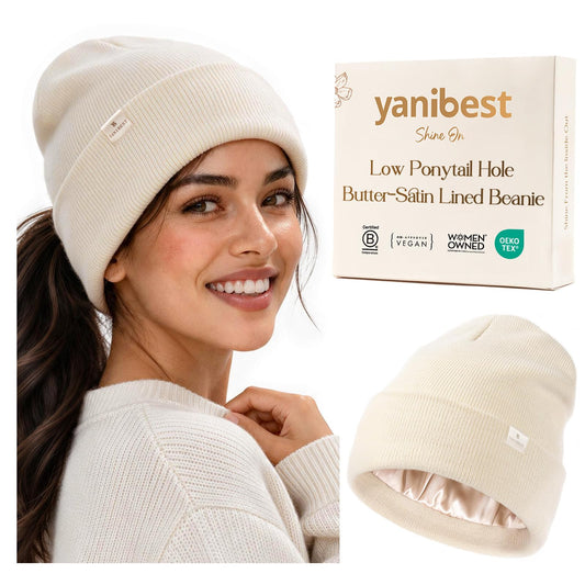 YANIBEST Satin Lined Winter Beanie for Women, Low Ponytail Hole, Beige
