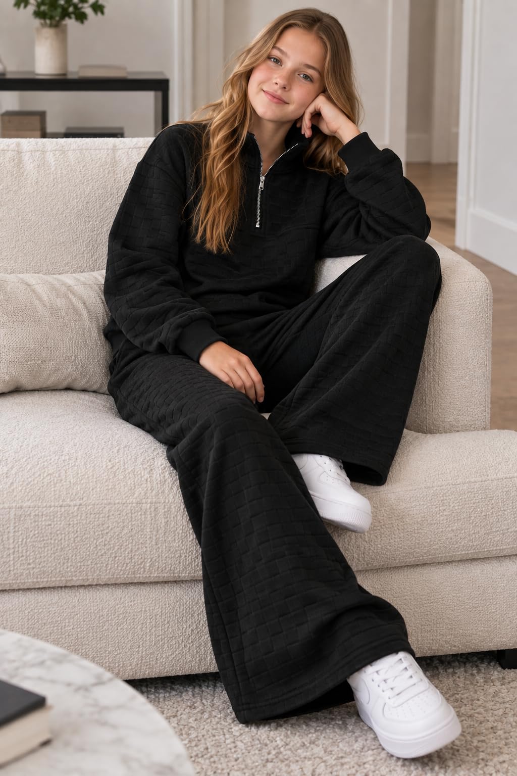 Afsmlys Tween Girls Clothes Trendy 2 Piece Outfit Long Sleeve Zip-Up Sweatshirt + Wide Leg Pants School Cute Clothing Set Winter Fall Pullover Set Size 13 14
