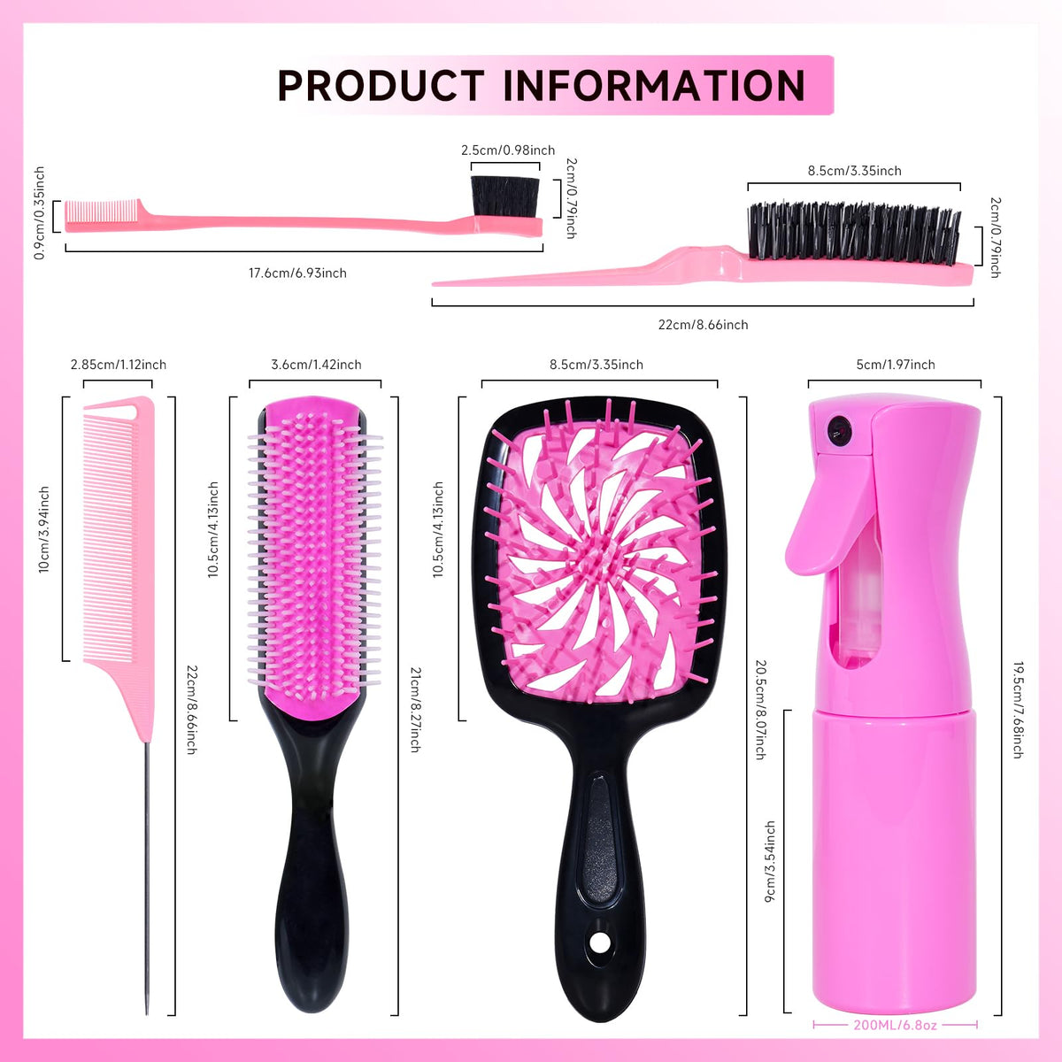 11-Piece Hair Brush Set with Detangling Brush and Hair Spray Bottle, Pink