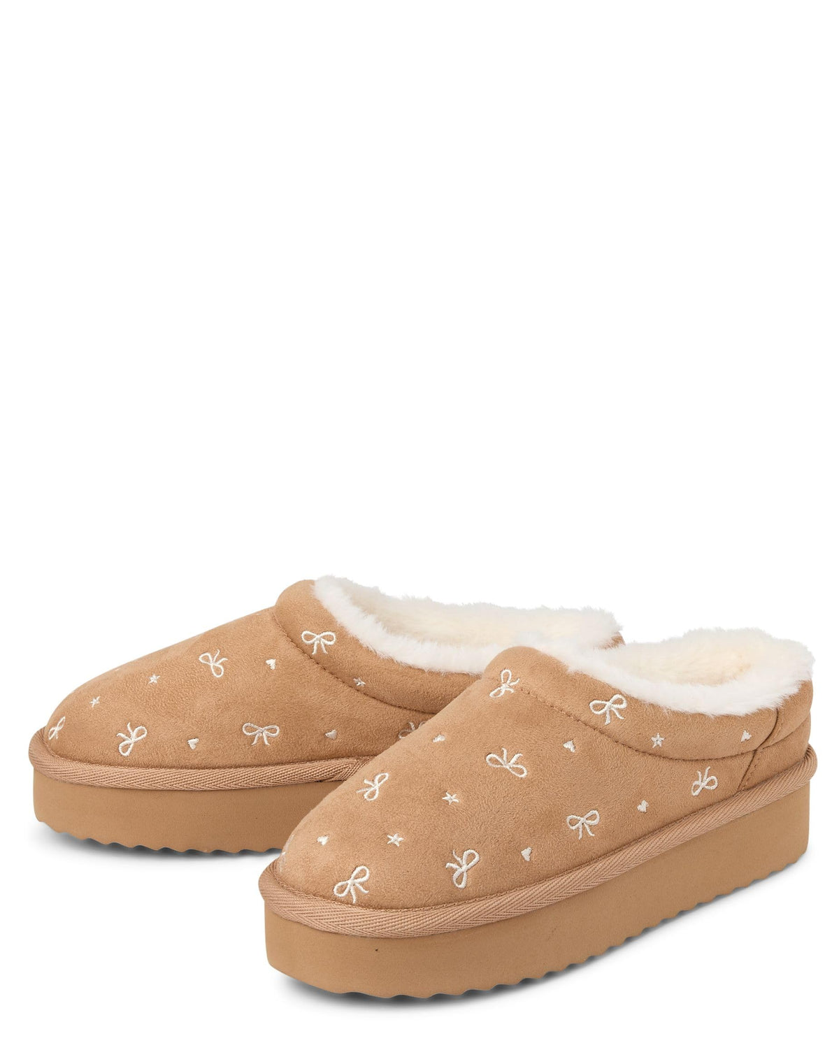 The Children's Place,Girls Indoor/Outdoor Comfy Slip on Platform Shoes, Faux Fur Lined,Tan Bows,13