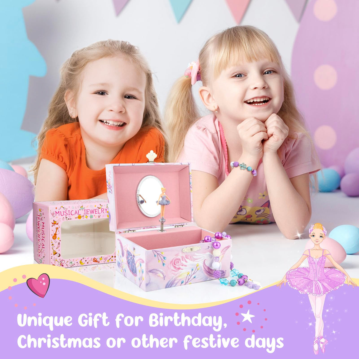 Homtibrm Musical Jewelry Box for Girls with Unicorn Jewelry Set, Kids Jewelry Box Music Box with Spinning Ballerina Birthday Gifts for Girls, Ballerina Swan Lake Tune