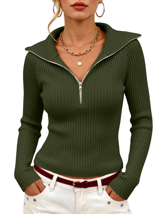 Prettywear Womens Half Zip Collared Sweater Fitted Trendy Fall Tops 2026