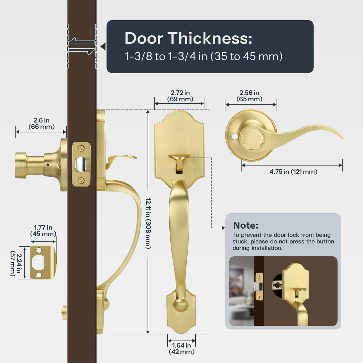 Gaurqiah Gold Front Door Handle Set with Passage Lever, Deadbolt Not Included,Exterior Door Handleset for Single Cylinder or Smart Deadbolts, Satin Brass