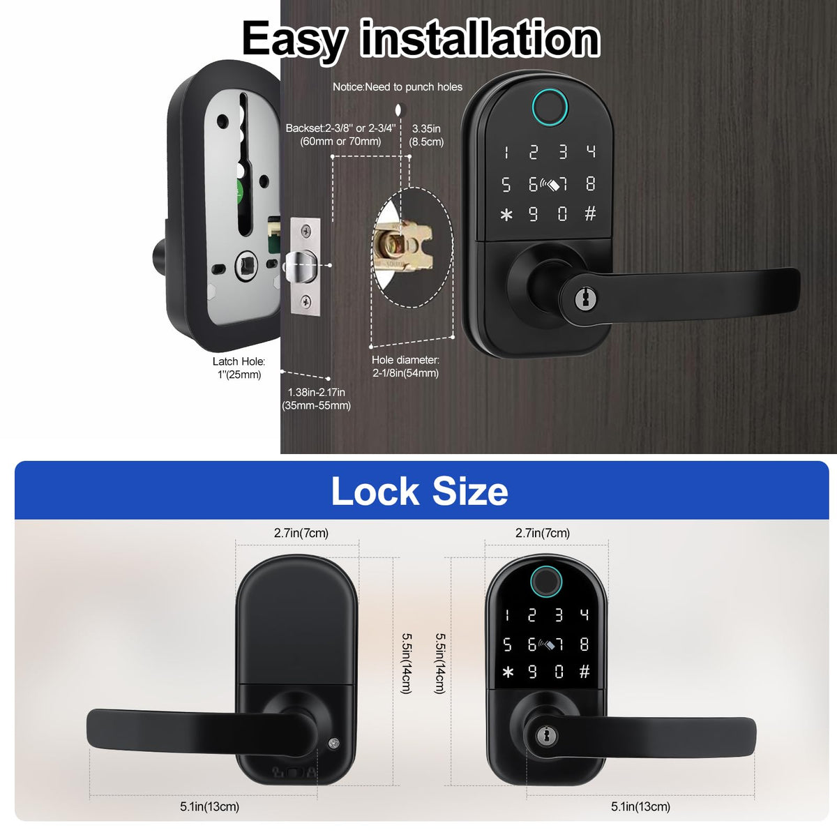 GUSEI Keyless Entry Fringerprint Smart Matter Biometric Door Deadbolt Lock with Handle, 5-in-1 Keypad Digital Electronic Matter Lock with Code,App,Card and Keys for Bedroom Front Officce Doors