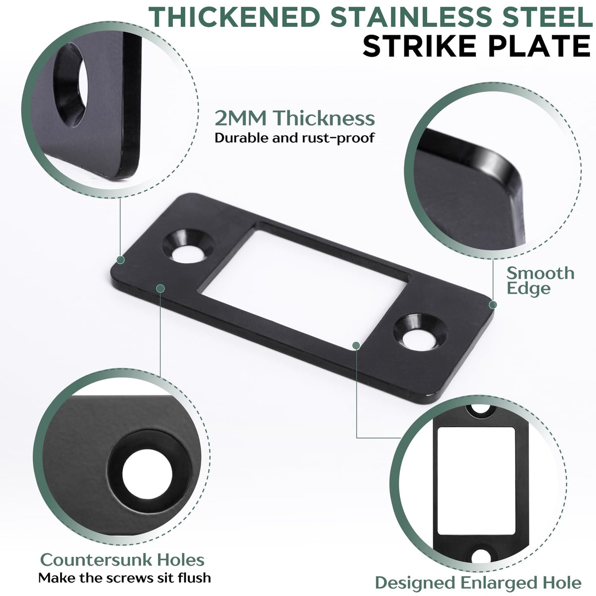 2 Pk Upgrade Large Hole Deadbolt Restorer Strike Plates, Stainless Steel Round Corner Latch Strike Plate with Wood Dowel Strips,Universal Backplate for Home Door Easy Repair Misalignment���Matte Bl