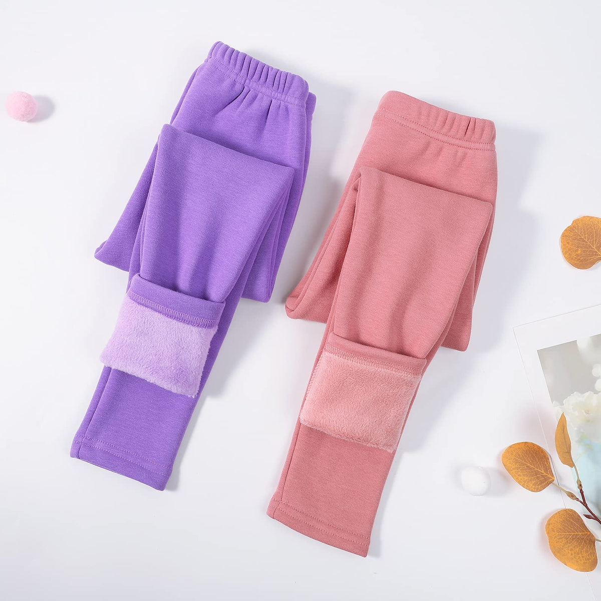 KEREDA Girls Fleece Lined Leggings Pack of 2 Winter Warm Pants Girls Clothes Pink-Purple 5-6 Years