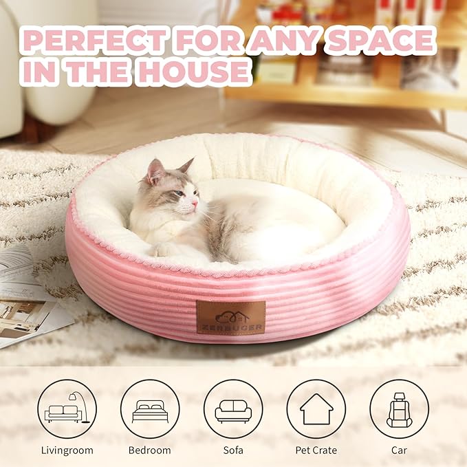 23in Pink Round Cat Dog Bed for Large Medium Small Dogs Cats, Machine Washable Sleeping Sofa, Non-Slip Bottom Breathable Soft Calming Pet Cuddler for Indoor/Outdoor/Car/Cage