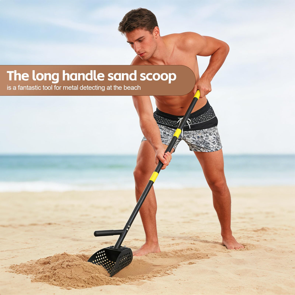 Sand Scoop for Metal Detecting, Long Handle with Shovel Metal Detector for Beach, Stainless Steel Sand Sifter Shovel for Underwater Hunting, Black