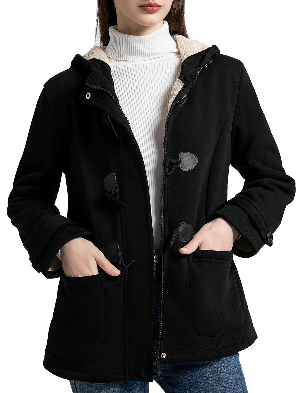 Flygo Sherpa Lined Winter Jackets for Women Fleece Hoodie Jacket Warm Fall Winter Toggle Duffle Coats(Black-S)