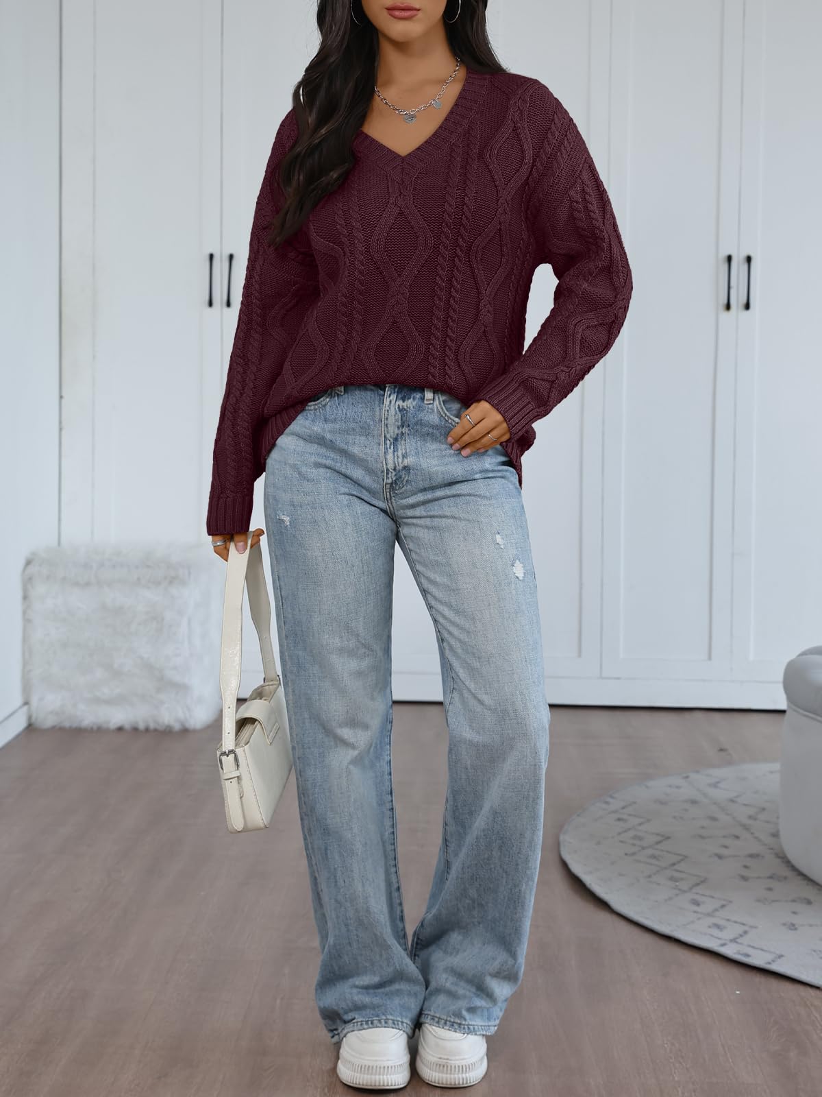 Trendy Queen Womens V Neck Cable Knit Sweaters Oversized Cozy Fall Pullover