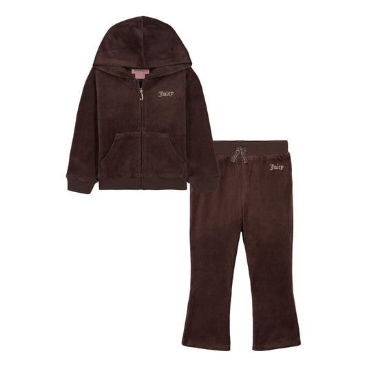 Juicy Couture Girls' 2-Piece Velour Tracksuit, Zip Up Hoodie and Pants, Brown Rum, 4T
