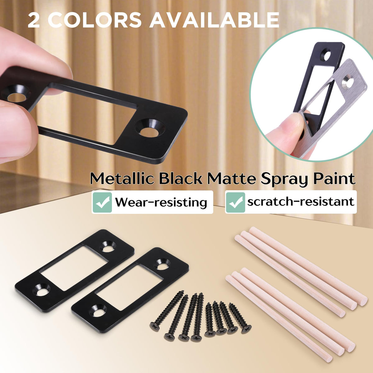 2 Pk Upgrade Large Hole Deadbolt Restorer Strike Plates, Stainless Steel Round Corner Latch Strike Plate with Wood Dowel Strips,Universal Backplate for Home Door Easy Repair Misalignment���Matte Bl